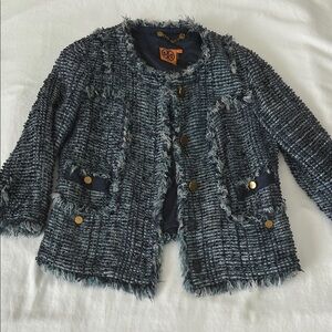 Tory Burch Navy Tweed Bouclé Blazer with Gold Accents 3/4 sleeves 6